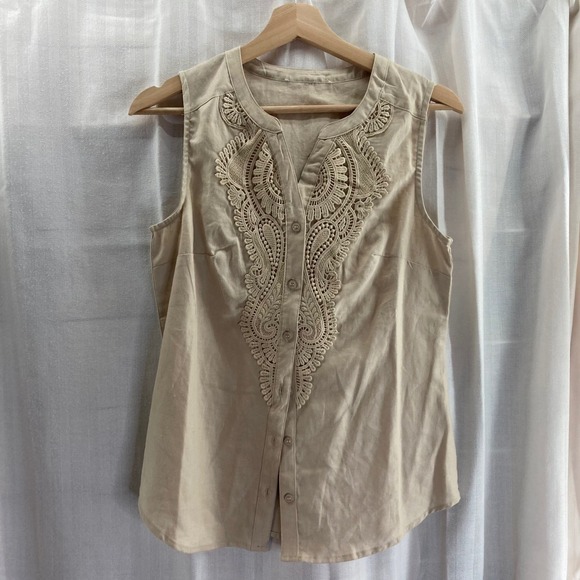 Tops - Women's Beige Linen Blend Sleeveless V-Neck Lace‎ Trim Button Front Top Bohemian